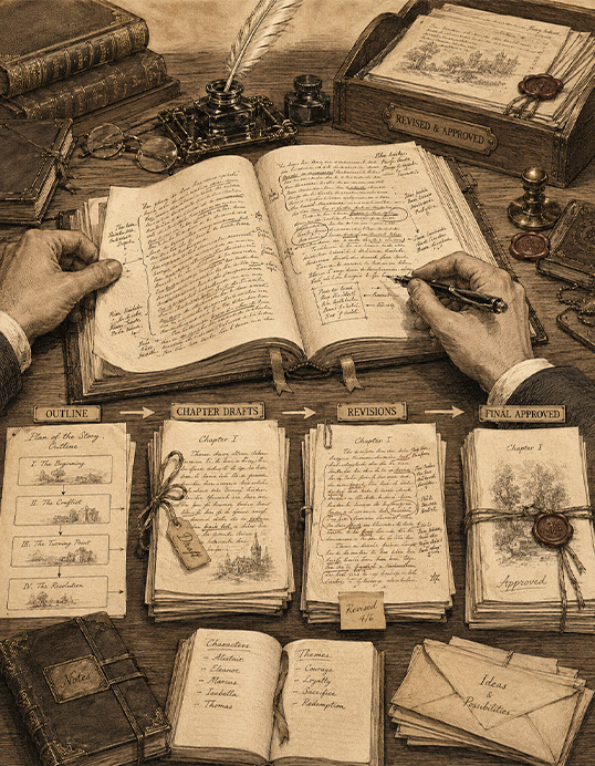 A vintage engraving of a hand revising a manuscript, with the project moving through outline, chapter drafts, revisions and final approved stages